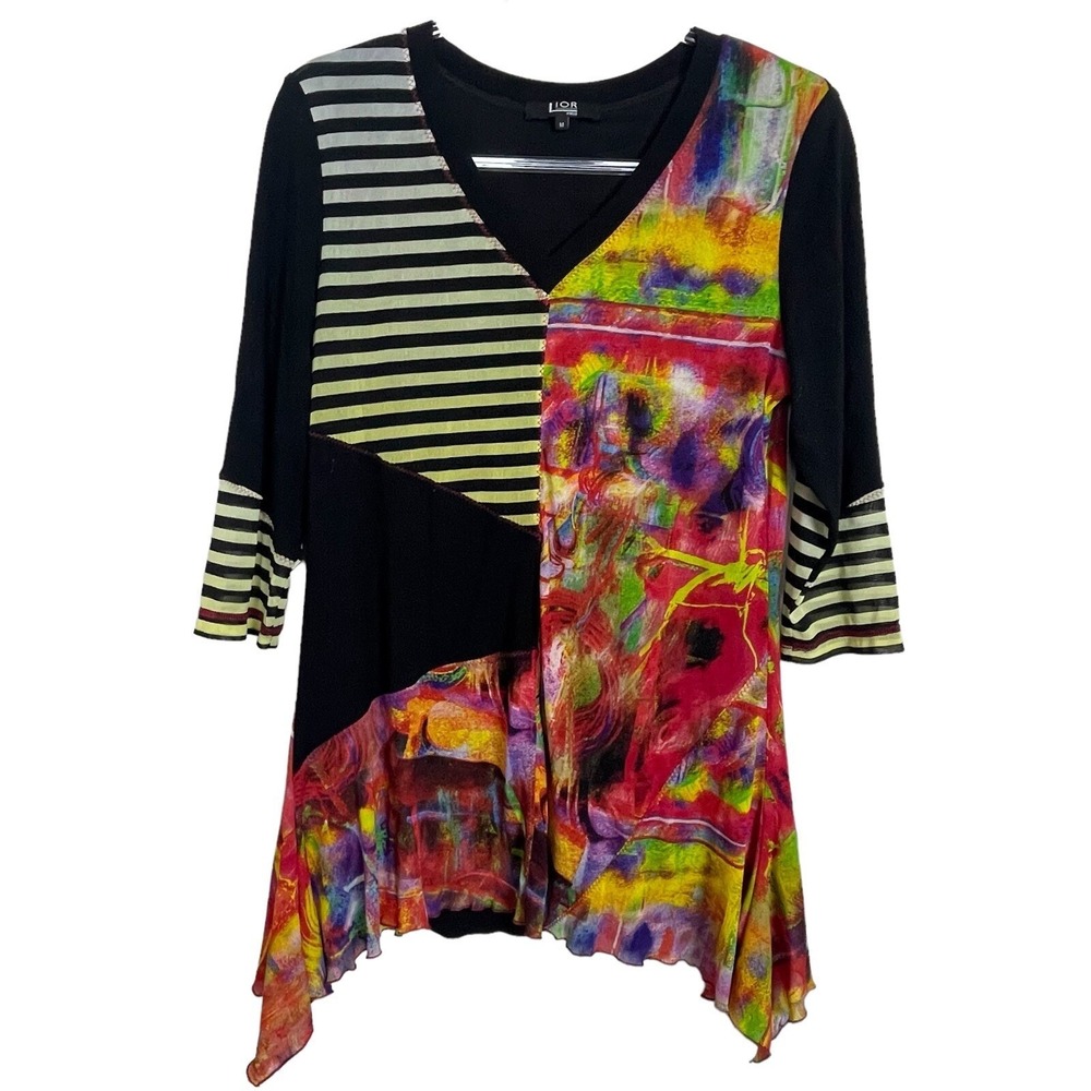 Lior Paris Tunic Top Womens M Boho Multicolor Abstract Patchwork Art To Wear